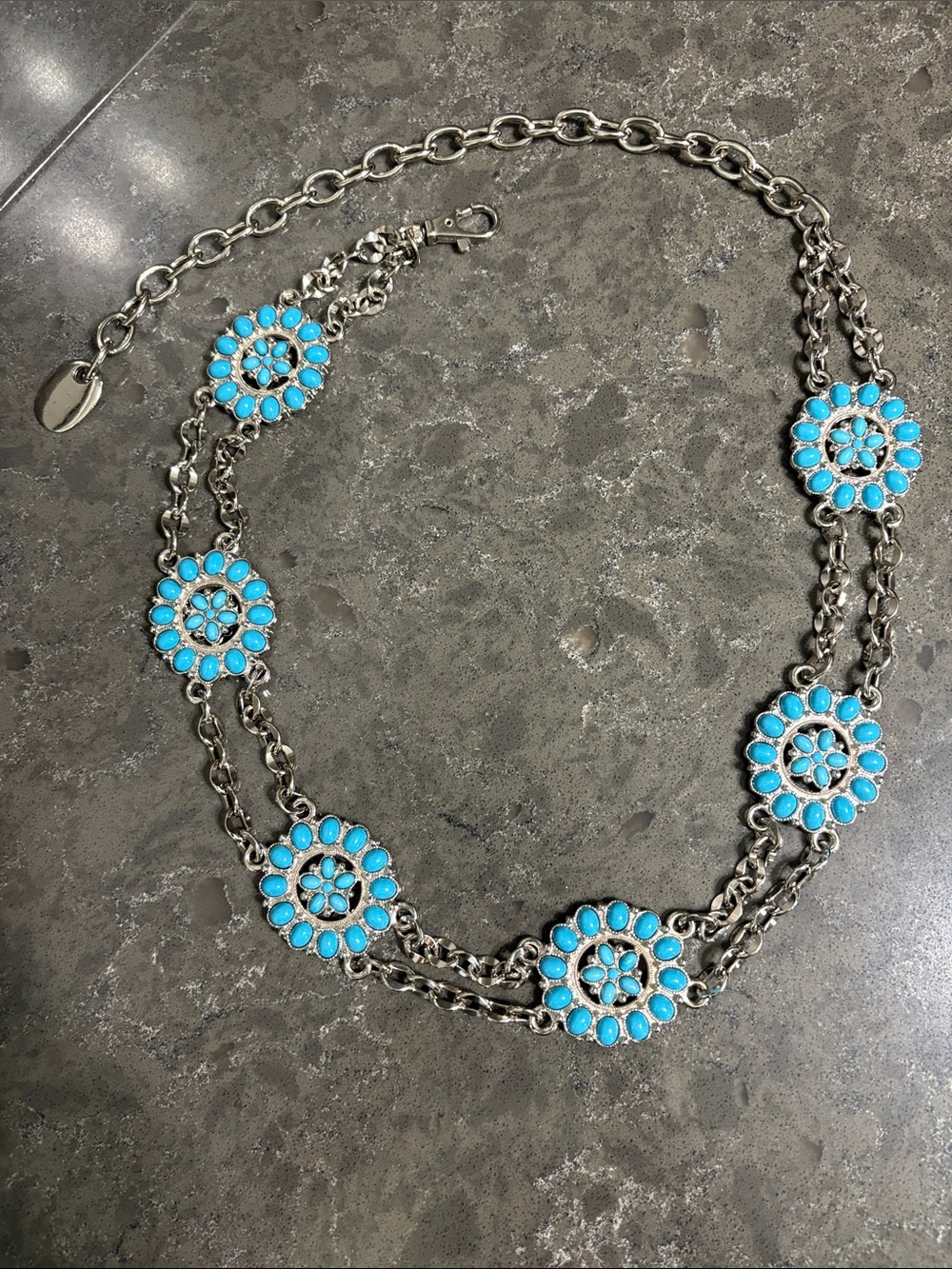 Silver-Tone Turquoise Floral Station Concho Chain Belt. -